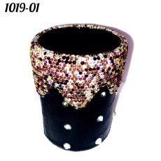 Стакан круглый кожаный со стразами Чёрный и AB фиолетовый
